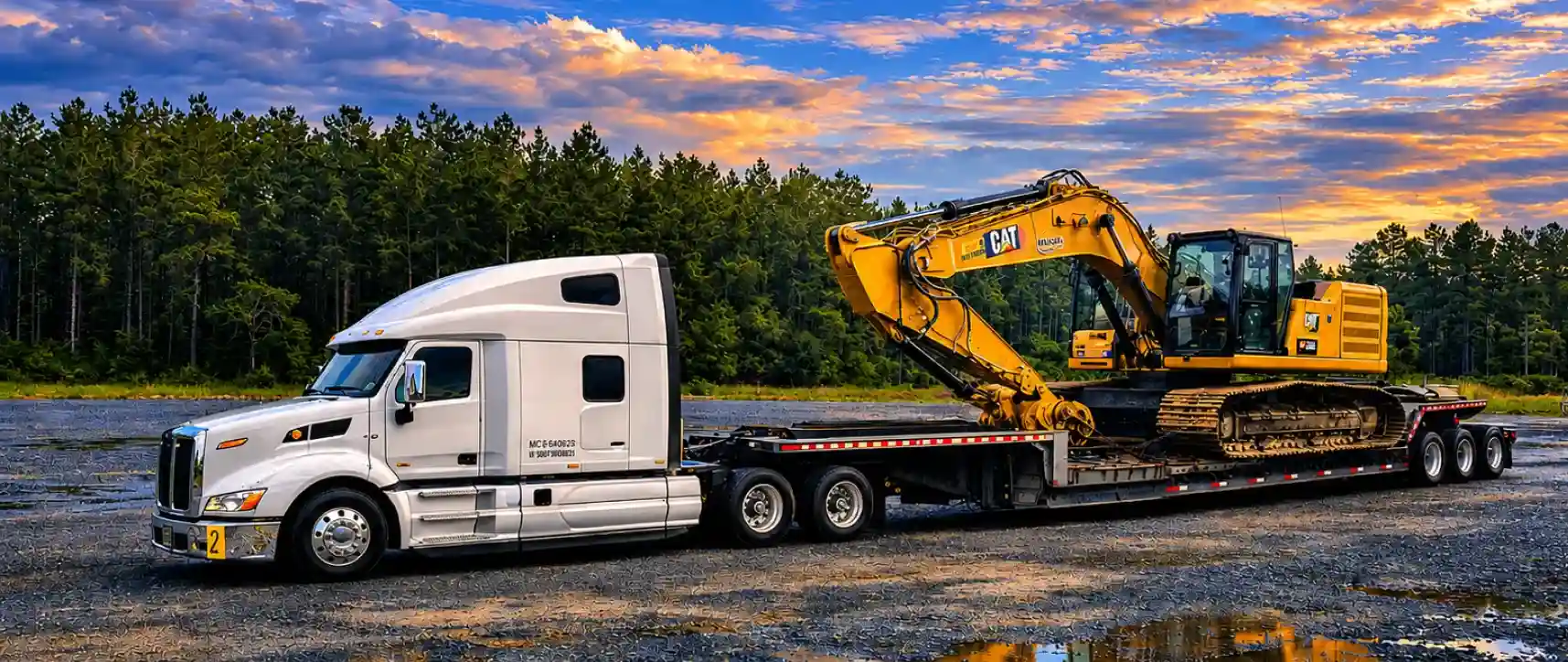 Oversize excavator transported on a flatbed trailer by a heavy haul truck in an open yard