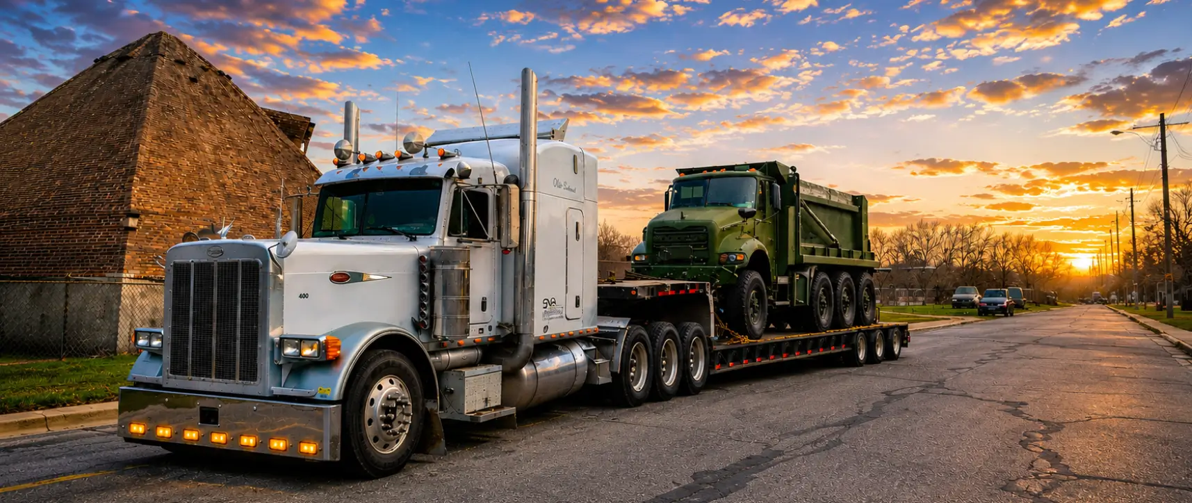White semi truck hauling a military dump truck on a lowboy trailer during sunset on a rural road
