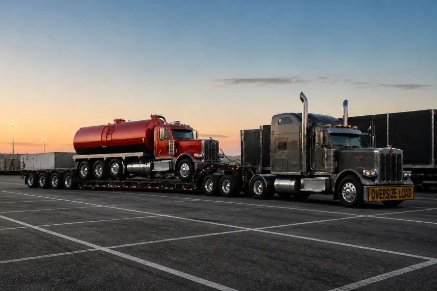 Heavy haul truck transporting a vacuum tanker truck secured on a lowboy trailer at a logistics yard
