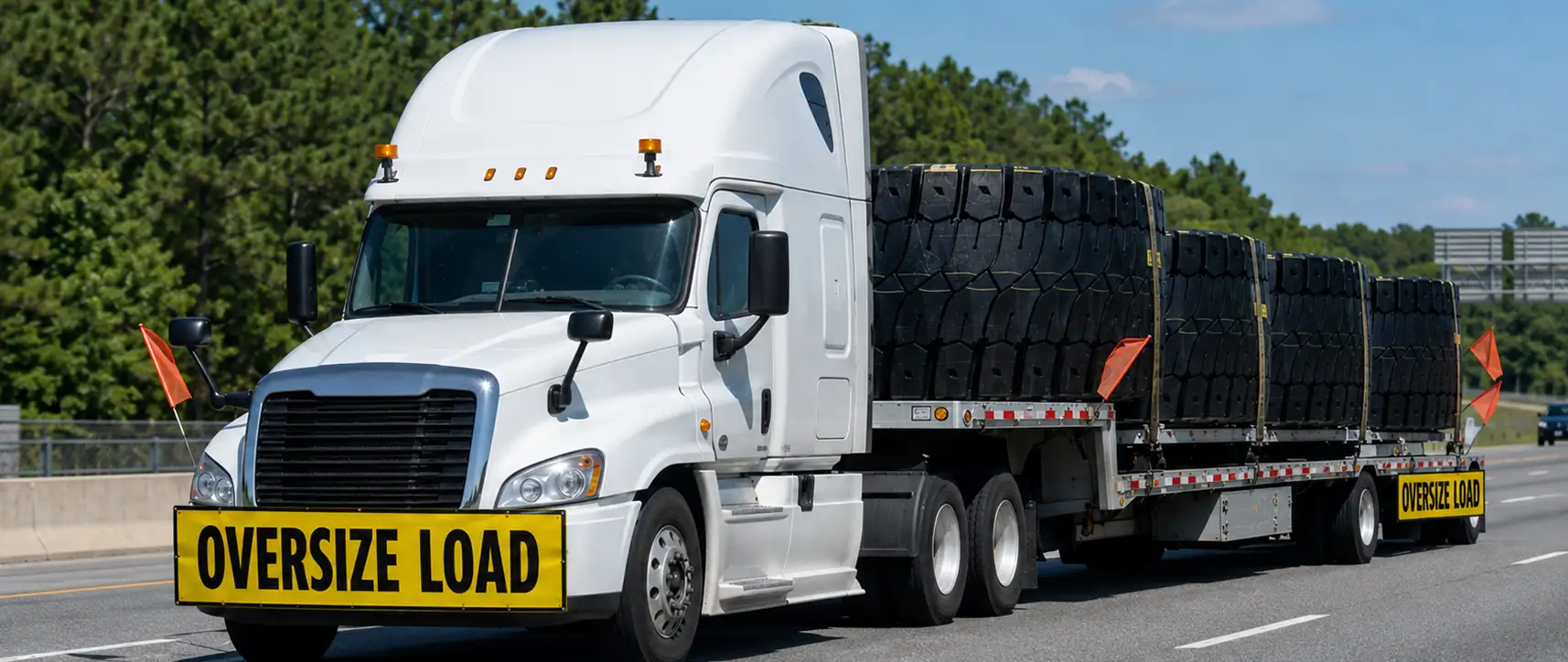 Oversize load truck hauling large industrial tires on a flatbed trailer