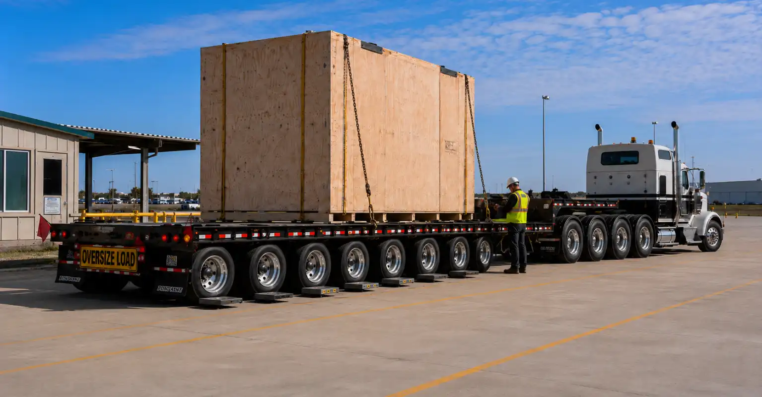 Multi-axle heavy-haul truck carrying an oversized wooden crate during axle weight and permit compliance inspection.