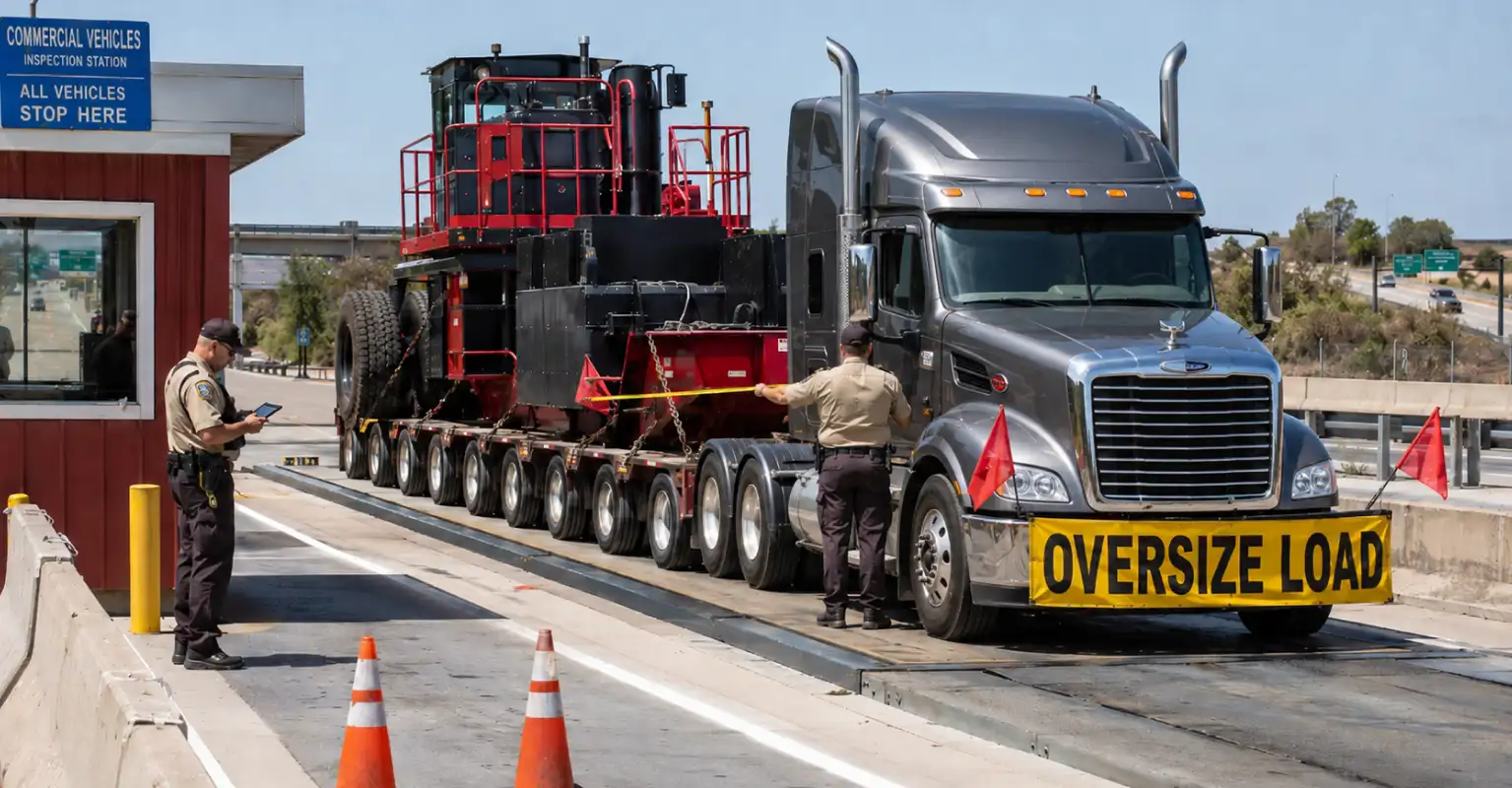 Oversize load crew reviewing permits at a state line before transporting agricultural machinery at night