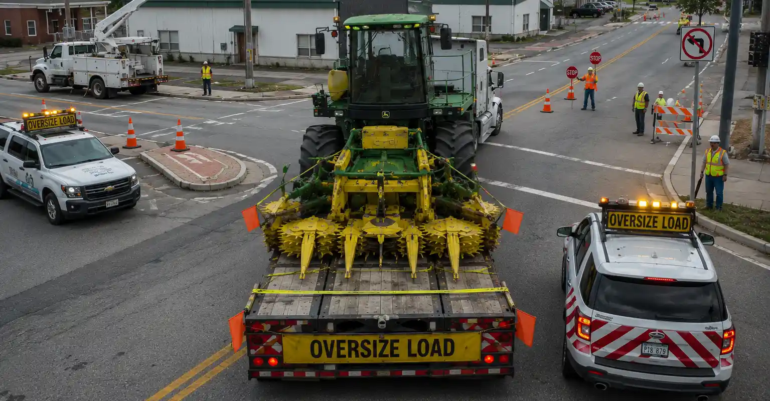 Oversize agricultural machinery transport navigating an urban intersection with pilot vehicles and traffic control crews