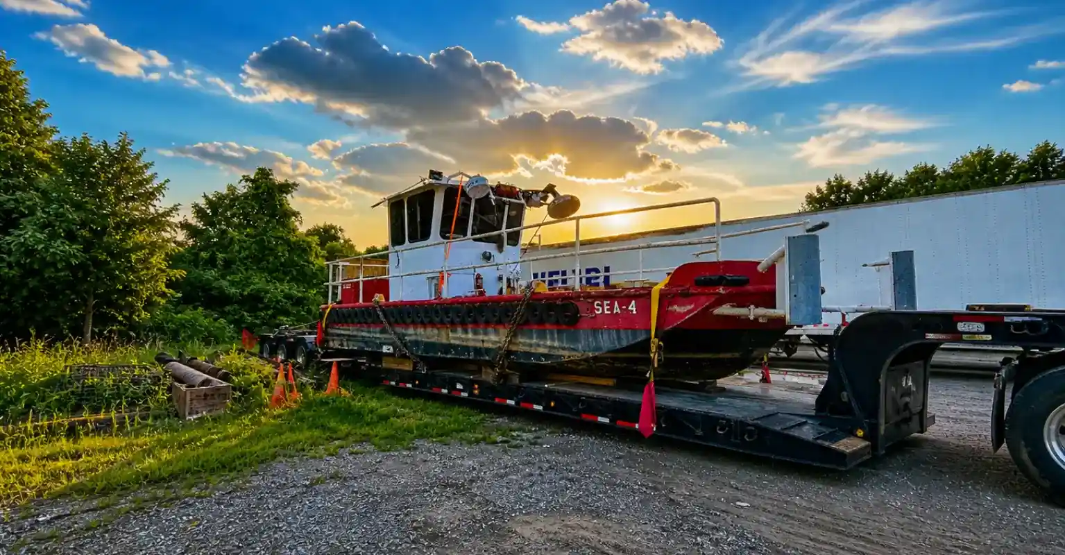 Oversize boat transported on a flatbed trailer by heavy haul truck at sunset near an industrial area