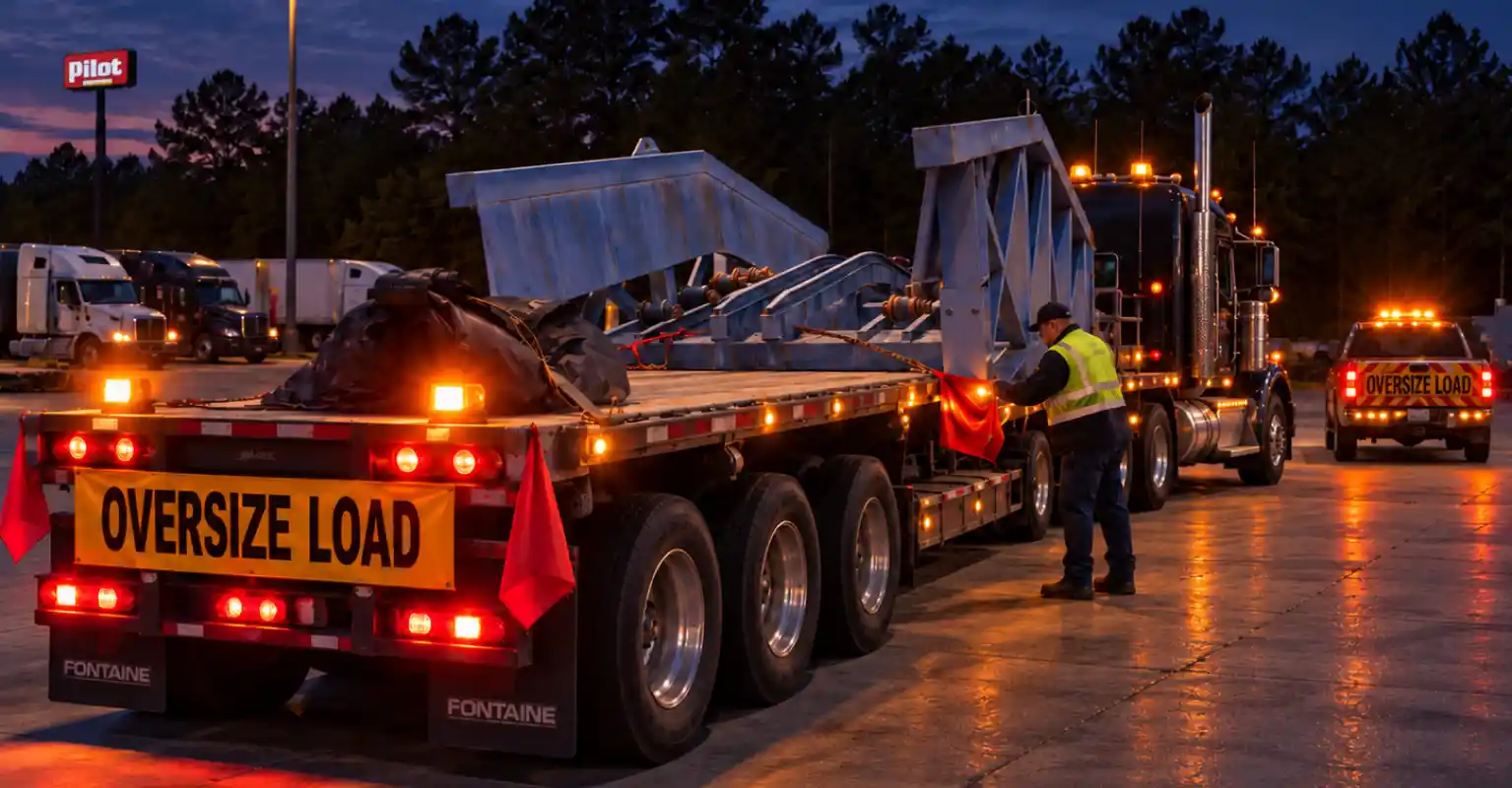 Oversize load warning lights and escort equipment for nighttime hauling