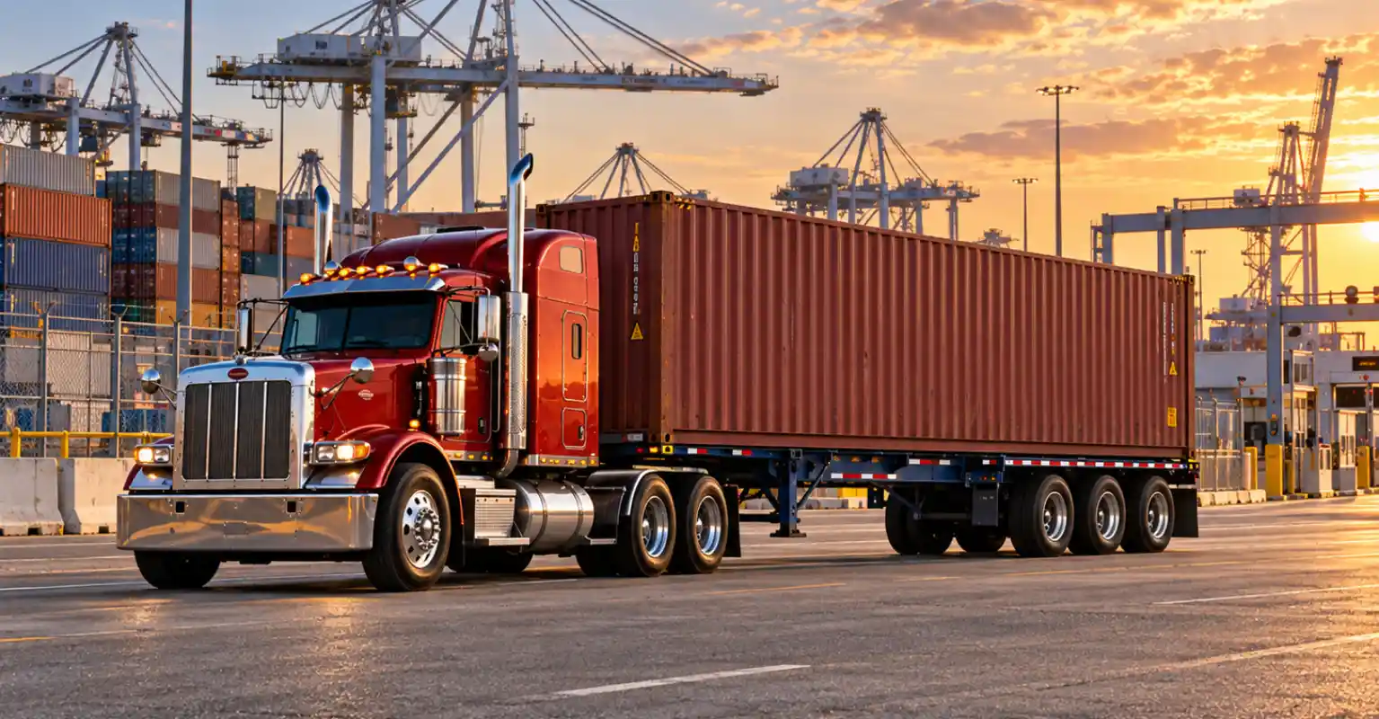 Truck transporting a sealed shipping container on a tri-axle chassis near a seaport terminal.
