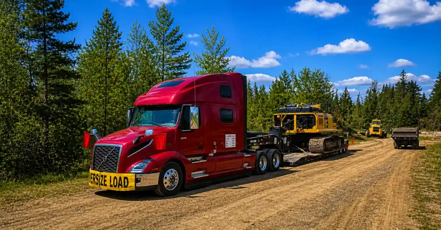 Oversize excavator transported on a flatbed trailer by a red heavy haul truck on a dirt road