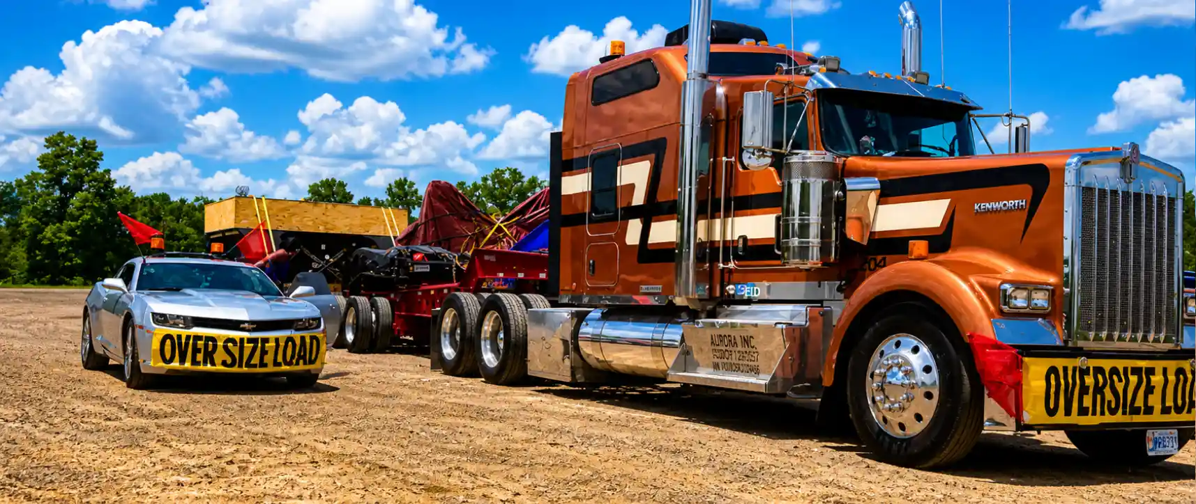 Oversize load transport with escort car and heavy haul semi truck carrying large cargo on a flatbed trailer under blue sky