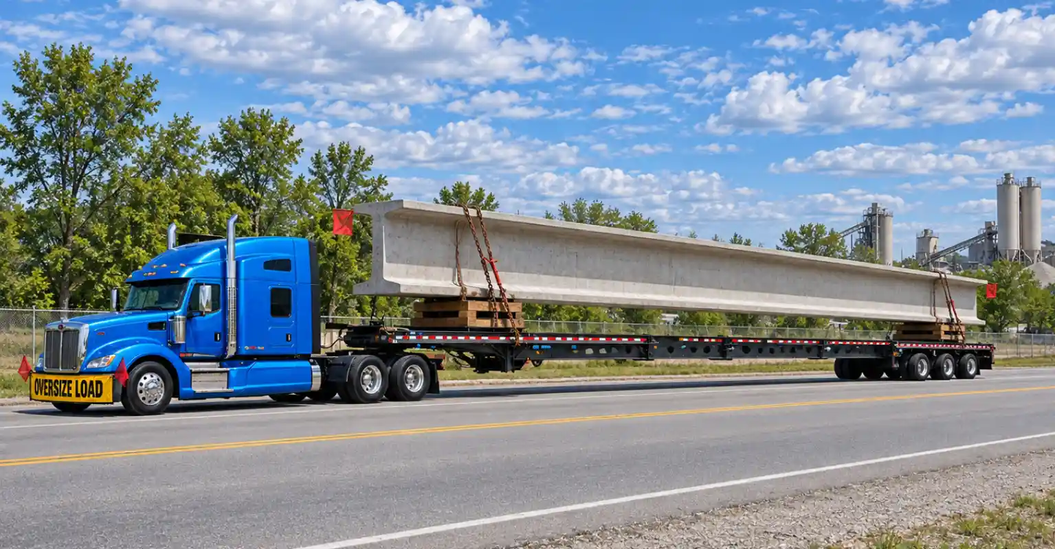 Semi-truck hauling a long concrete bridge girder on an extendable trailer with an oversize load banner.