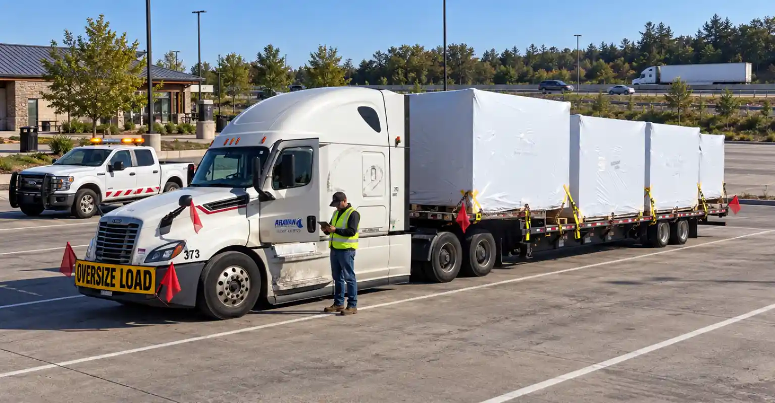 Oversize load truck and pilot car parked at a truck stop while the driver checks the route on a tablet.