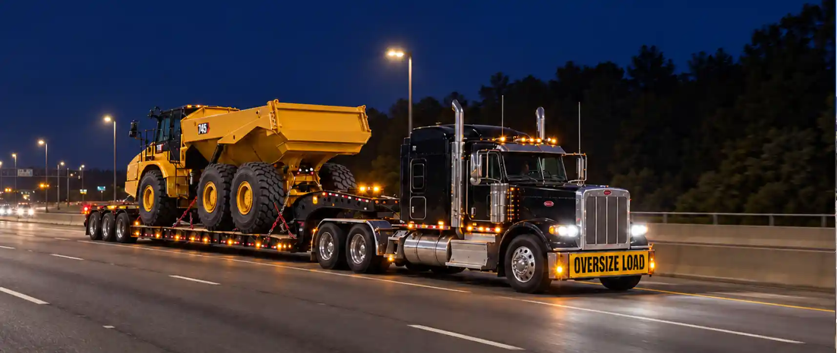 Truck hauling an oversized yellow articulated dump truck on a lowboy trailer along a highway at night.