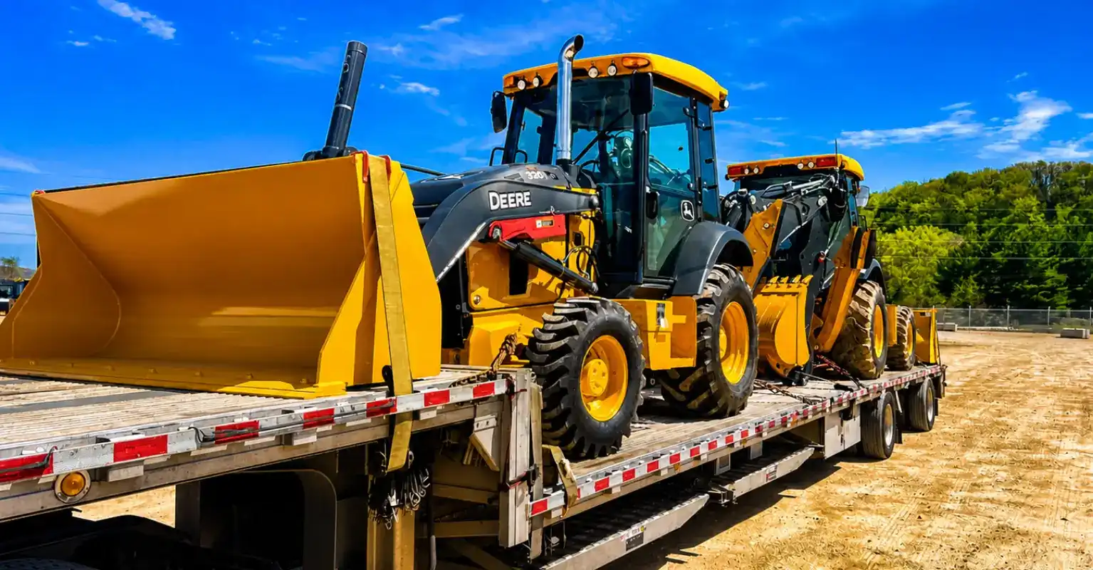 Backhoe loader transported on a flatbed trailer as heavy equipment hauling at a construction site