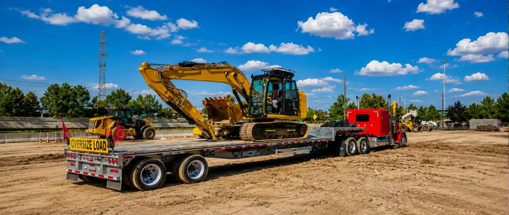 Excavator loaded on a flatbed trailer pulled by a red semi truck for oversize load transport at a construction site