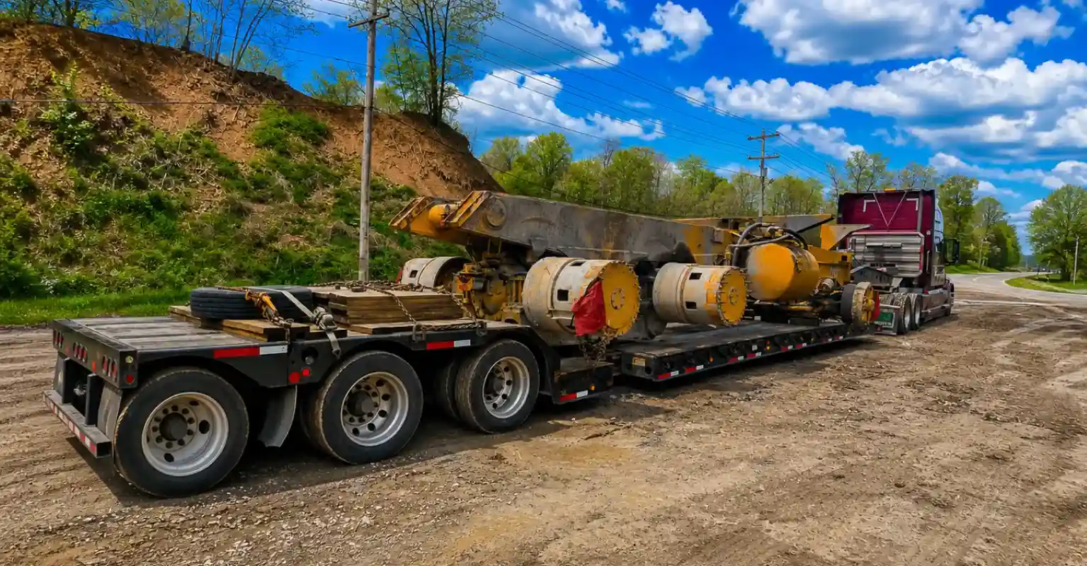 Oversize industrial machinery transported on a lowboy trailer by a heavy haul truck at a construction site