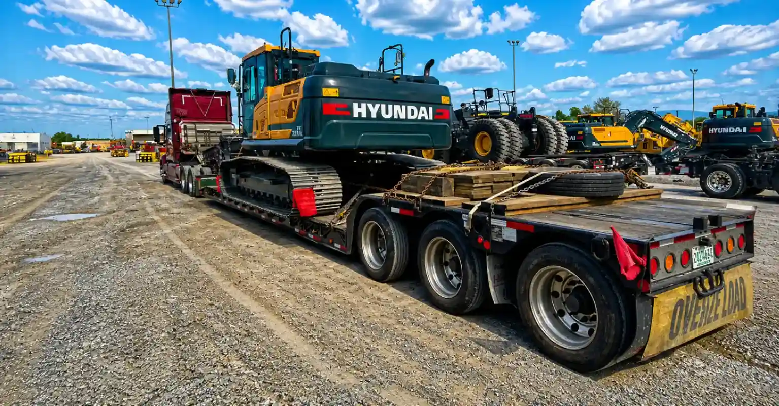 Hyundai excavator secured on a flatbed trailer for oversize load transport at a construction equipment yard