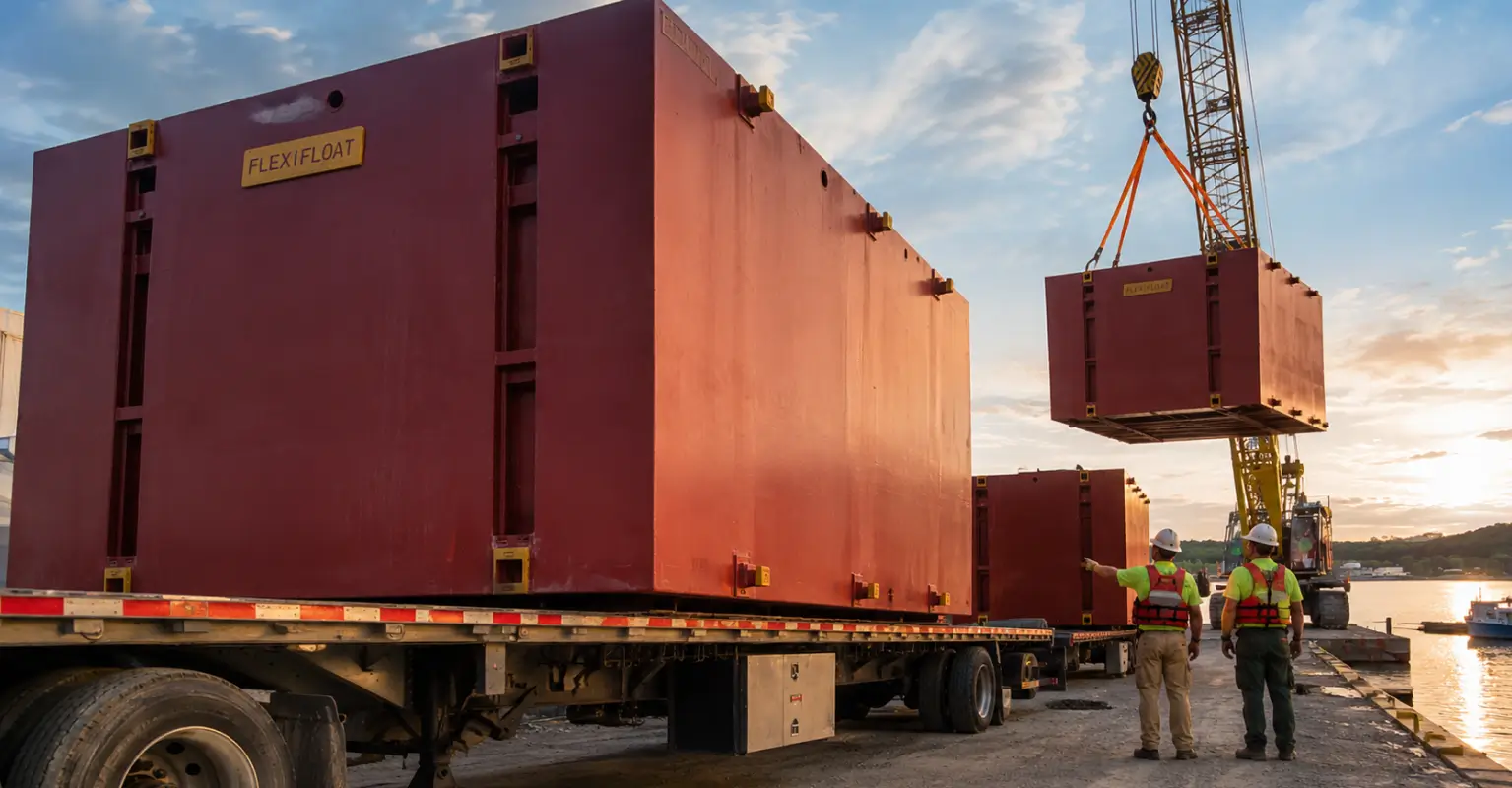 Crane lifting heavy industrial modules onto a flatbed trailer at a waterfront loading site during transport operations