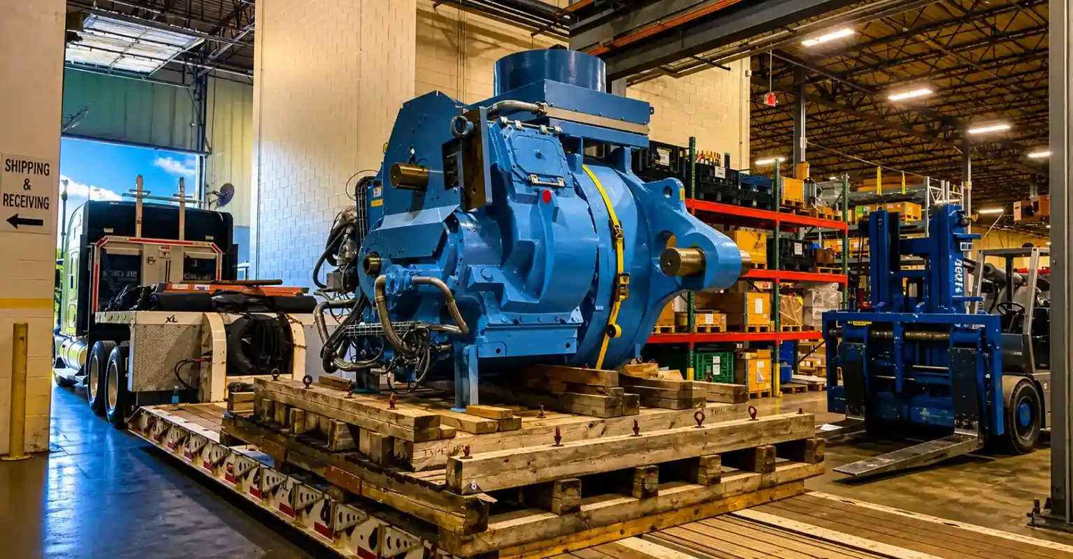 Maquinaria industrial pesada cargada en un remolque de plataforma dentro de un almacén para transporte sobredimensionado