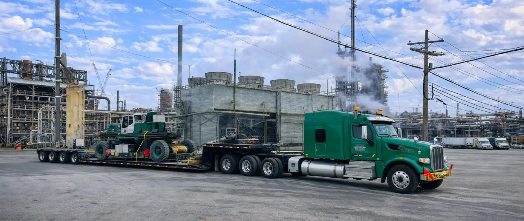 Equipo industrial sobredimensionado transportado en un remolque de plataforma en una refinería