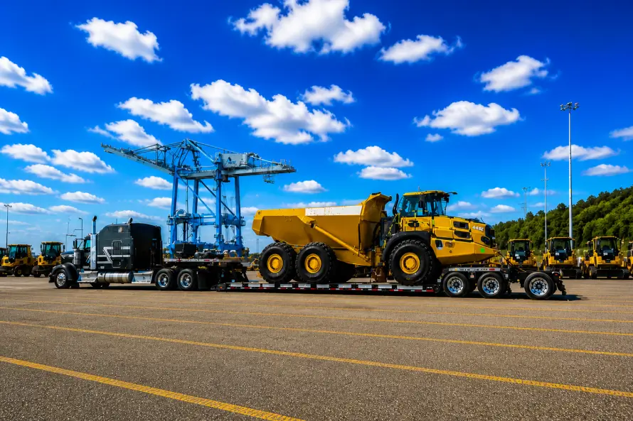 Camión de carga pesada transportando un volquete articulado en un remolque lowboy en una terminal portuaria con grúas al fondo