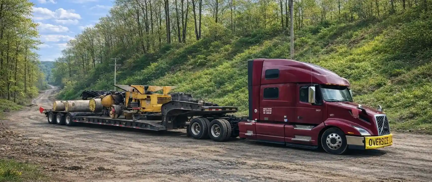Equipo industrial sobredimensionado transportado en un remolque de cama baja por un camión de carga pesada en un camino rural