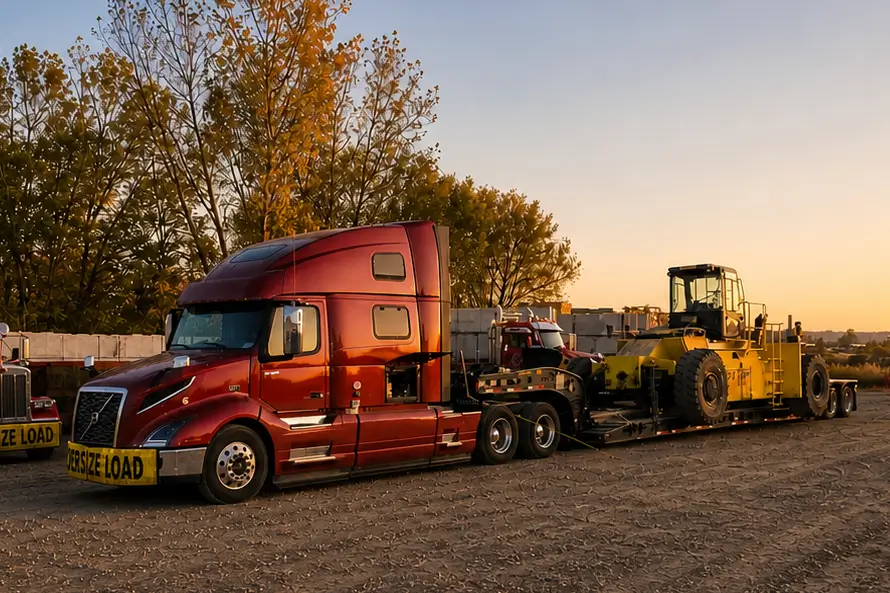 Camión de carga sobredimensionada transportando equipo de construcción pesado en un remolque lowboy al atardecer en un patio