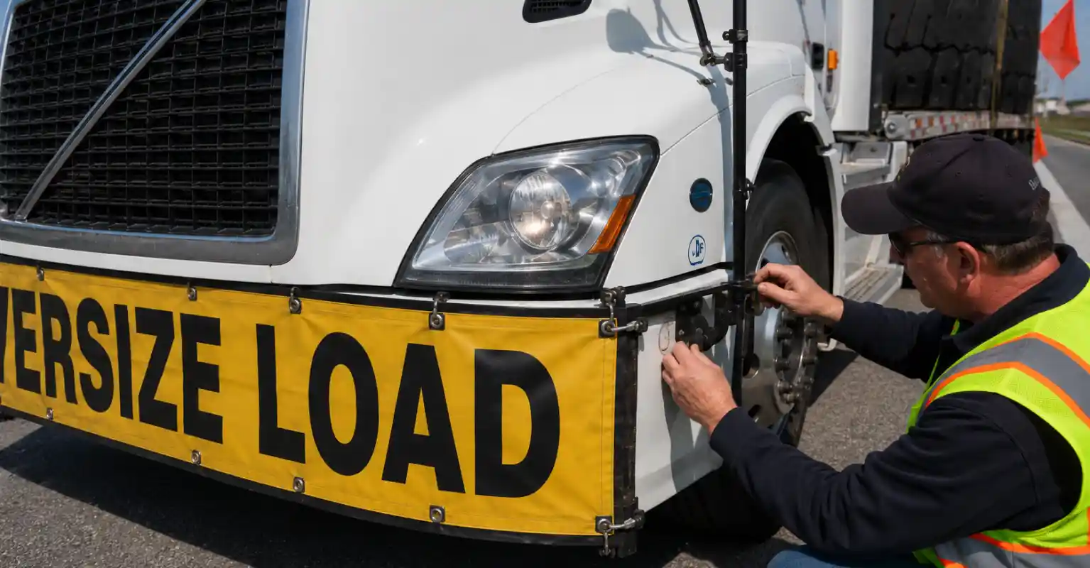 Trabajador instalando un letrero de advertencia de carga sobredimensionada en la parte delantera de un camión de transporte pesado