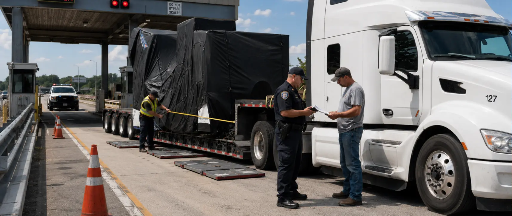 Oficial del DOT inspeccionando y midiendo un camión con carga sobredimensionada en una estación de pesaje