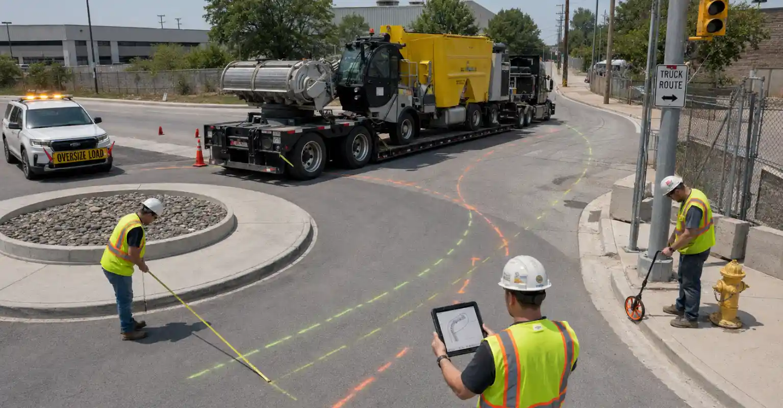 Equipo de estudio de ruta midiendo la trayectoria de giro de un camión con carga sobredimensionada en una intersección industrial