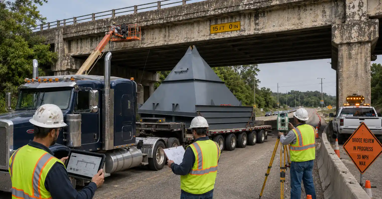 Ingenieros realizando una revisión estructural y de altura libre del puente para un permiso de transporte con sobrepeso