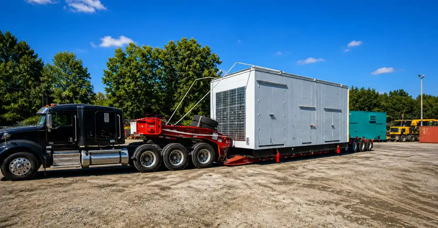 Carcasa de generador sobredimensionada transportada en un remolque de plataforma por un camión de carga pesada en un sitio industrial