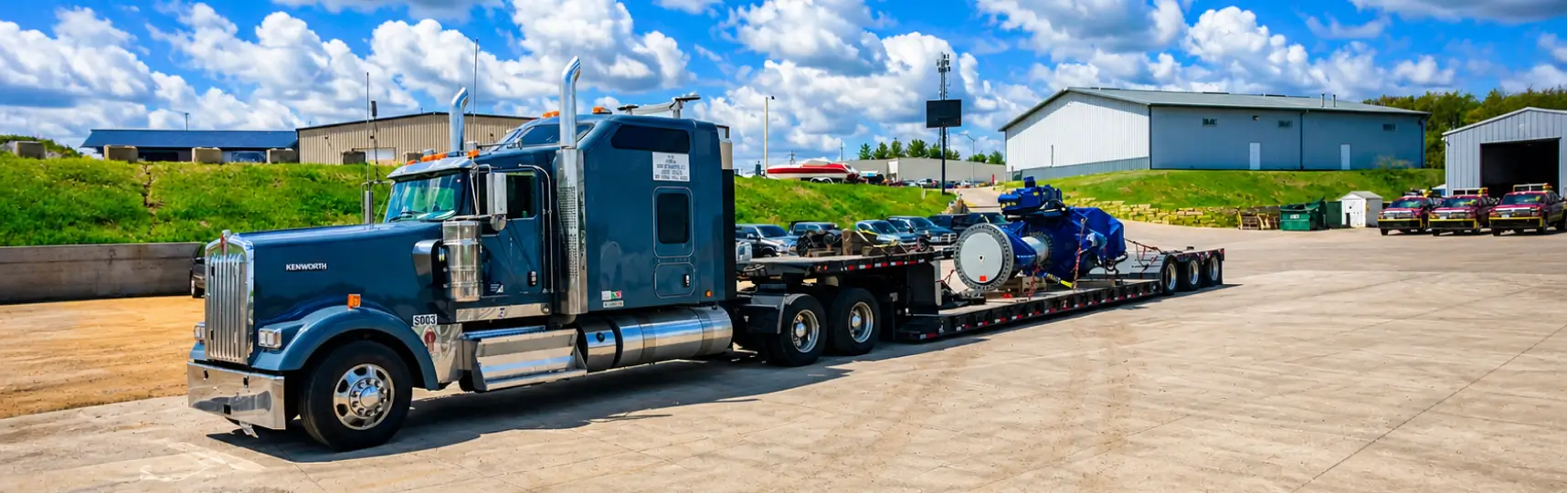Heavy haul truck transporting large industrial equipment secured on a lowboy trailer in a loading yard