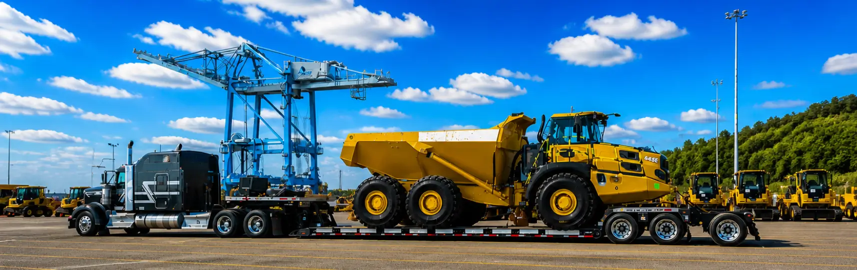 Heavy haul truck transporting an articulated dump truck on a lowboy trailer at a port terminal with cranes in the background