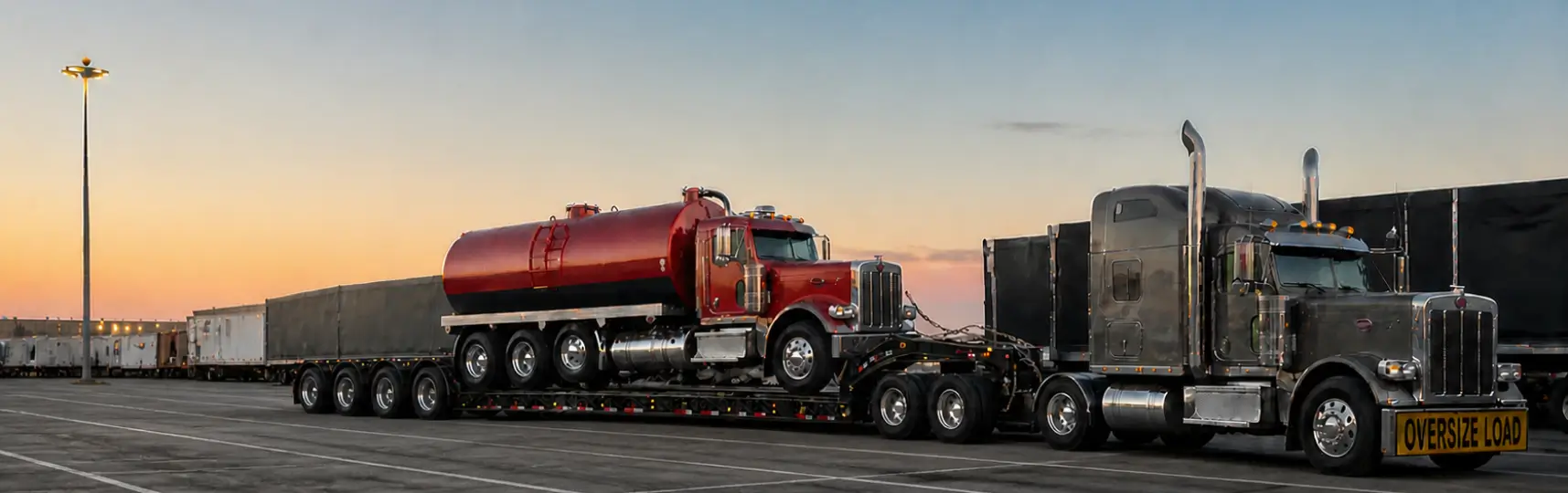 Heavy haul truck transporting a vacuum tanker truck secured on a lowboy trailer at a logistics yard