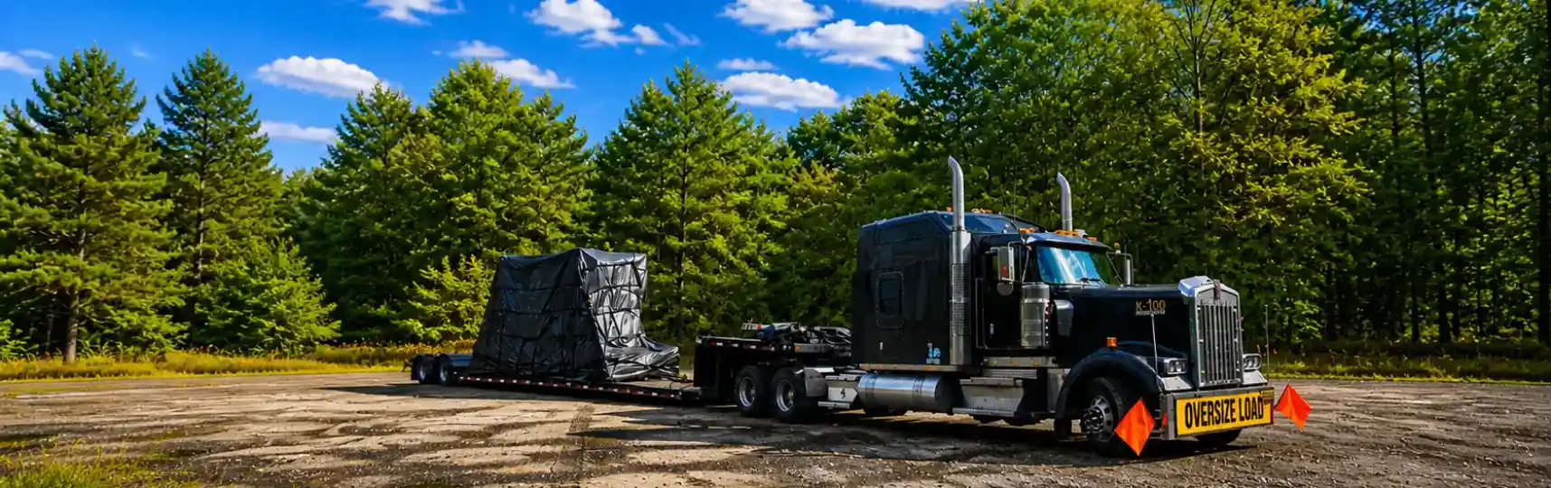 Oversize load covered with tarp transported on a flatbed trailer by a heavy haul truck with safety flags