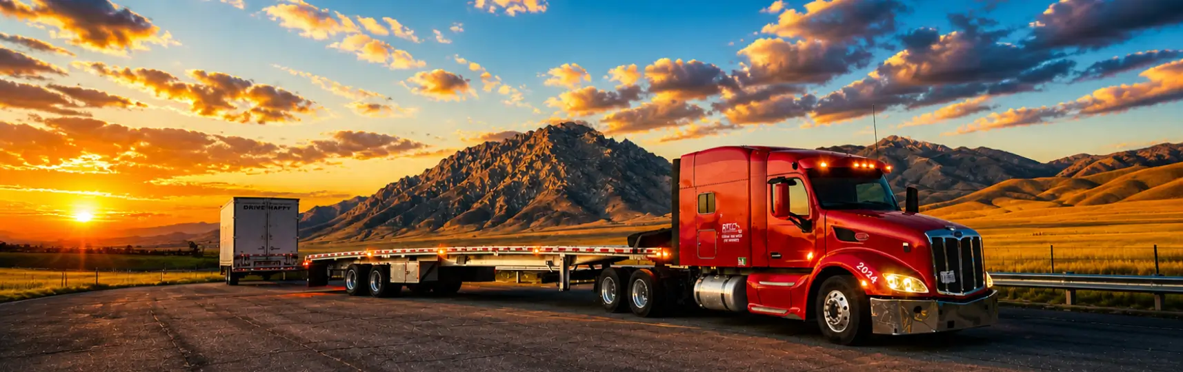 Red semi truck with empty flatbed trailer parked on a highway at sunset with mountains and dramatic clouds in the background