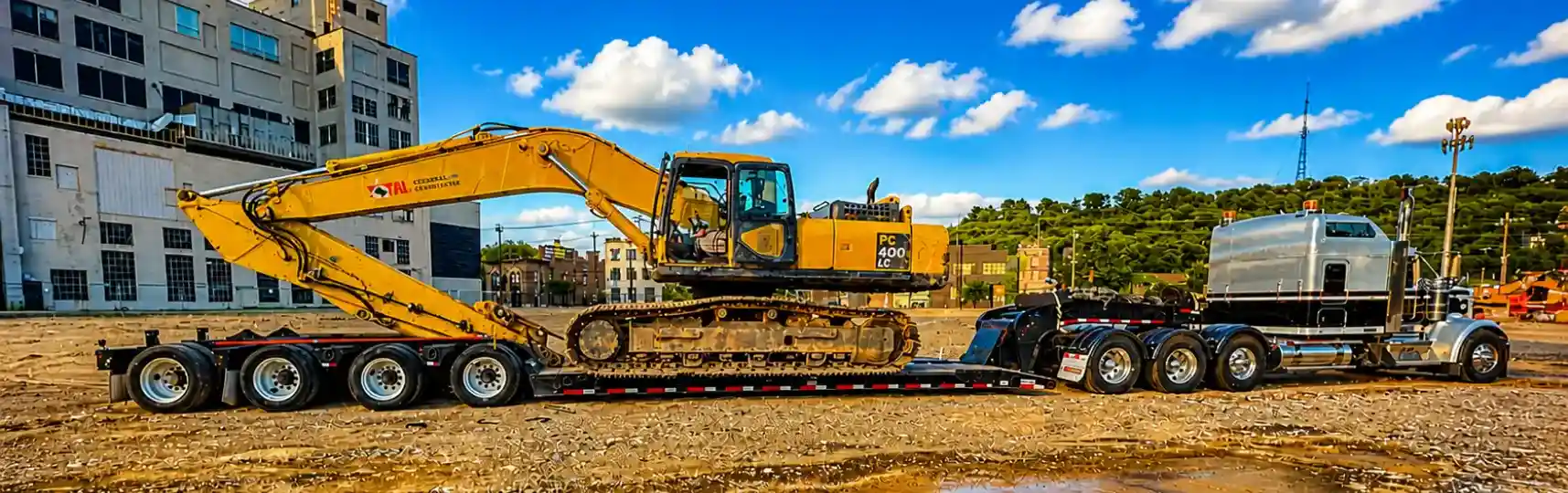 Heavy haul truck transporting a large excavator on a lowboy trailer at an urban construction site