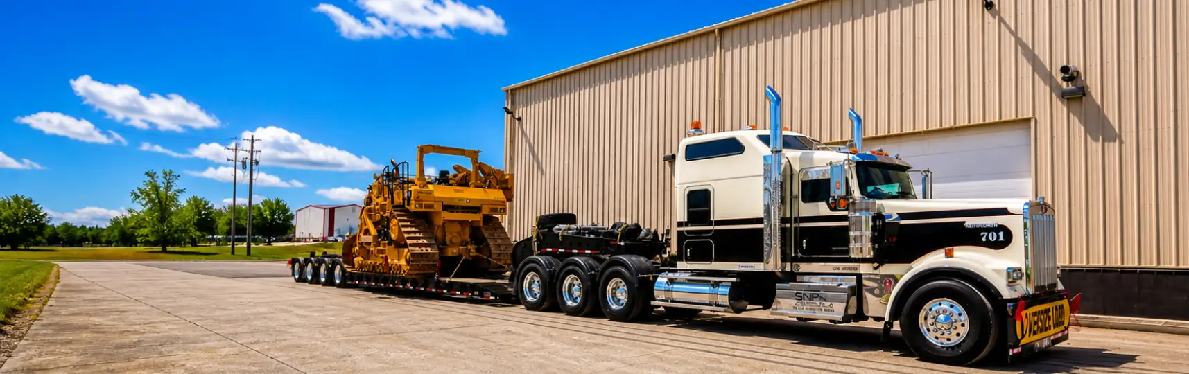 Heavy haul truck transporting a large crawler dozer on a lowboy trailer at an industrial facility