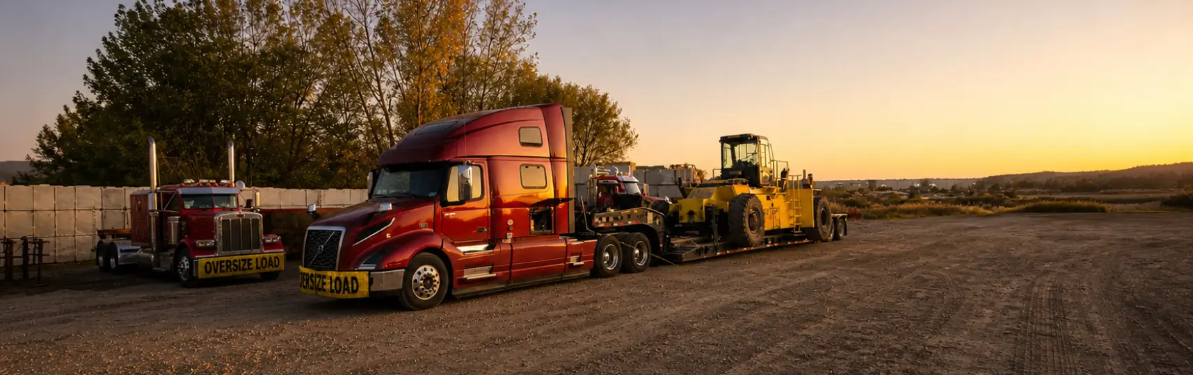 Camión de carga sobredimensionada transportando equipo de construcción pesado en un remolque lowboy al atardecer en un patio