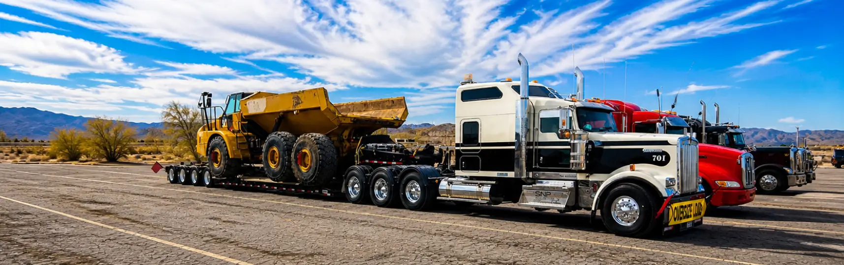 Camión de carga pesada transportando un camión volquete articulado en un remolque lowboy en un área abierta